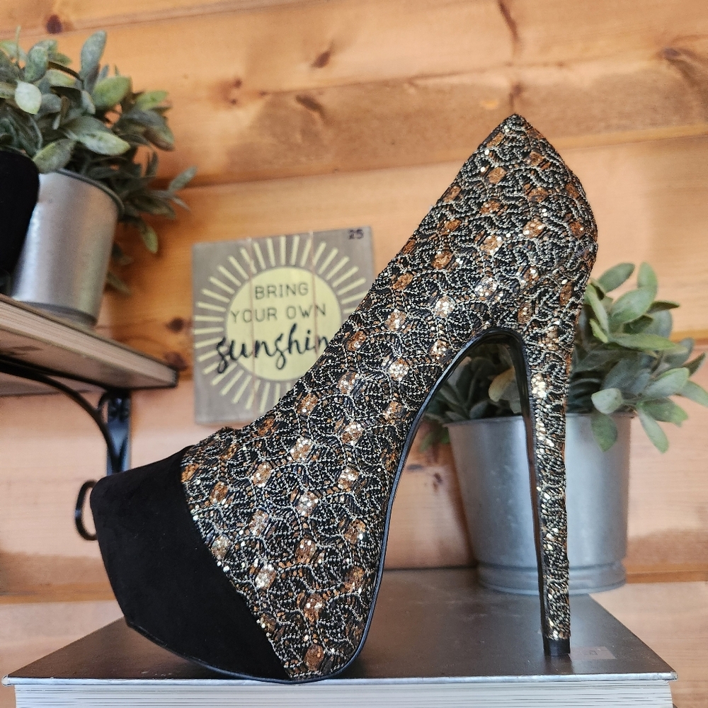 Shoedazzle Shamane Sequin Platform Heels‎ Black Gold Stiletto Suede Pumps Sz 9.5 - Picture 3 of 11